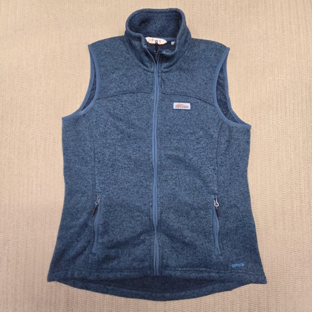 Orvis Vest Womens Small Blue Fleece Full Zip Pockets Stand Collar Outdoor Logo